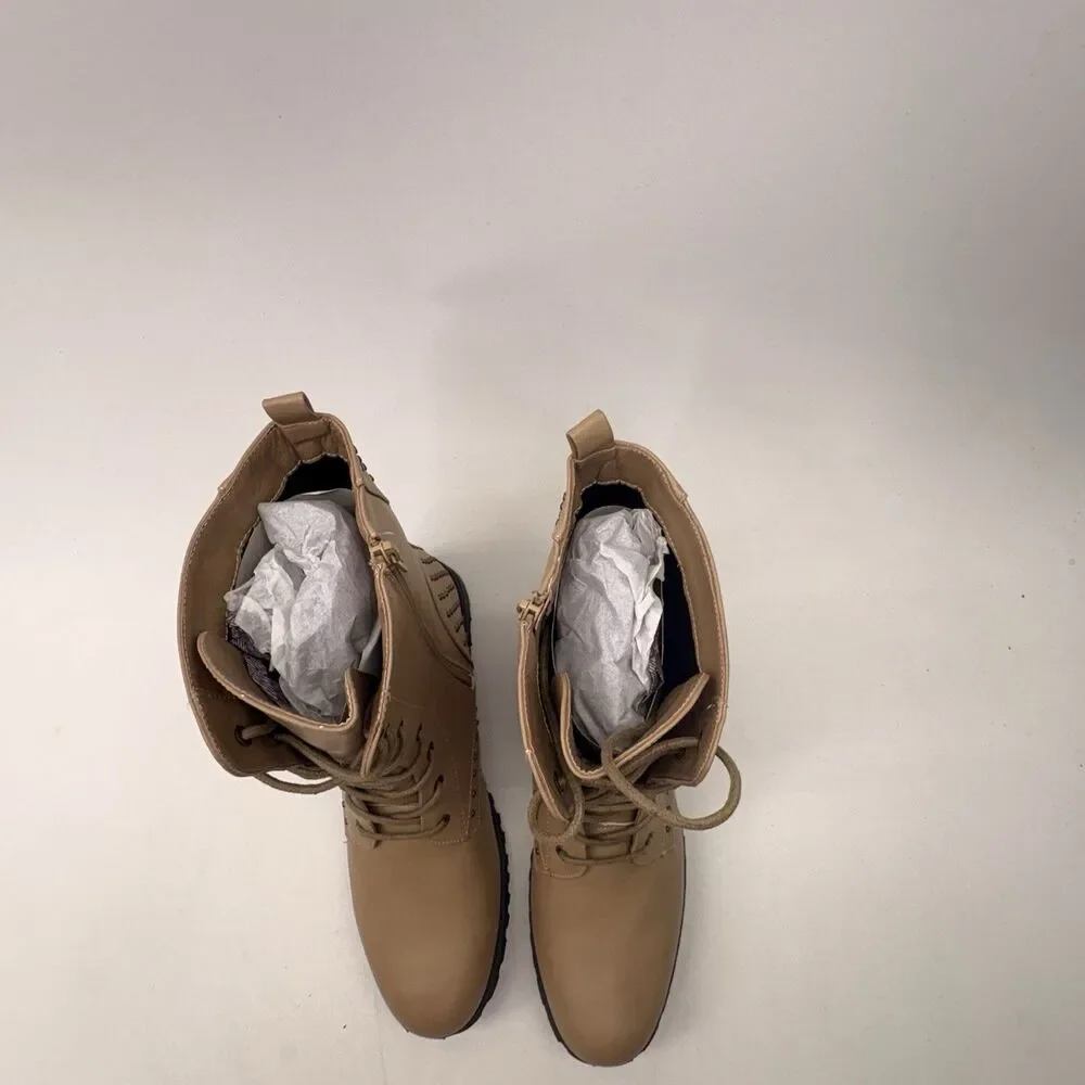 Gia-Mia Star Combat Boots Women’s 13 Tan Studded Lace Up Side Zip NIB